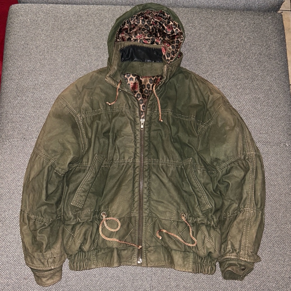 80s Faded Olive Green Leather Hooded Full Zip Bomber Jacket